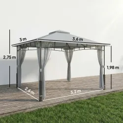 Carpa para Jardín con Techo Doble Cenador con Paredes de Malla UPF50+ para Exterior Terraza 360x300x275 cm Gris - Ogal.Es