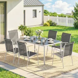 Conjunto de Mesa y Sillas Jardín con Mesa de Vidrio Templado 6 Sillas Apilables Transpirables para Terraza Gris - Ogal.Es