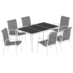 Conjunto de Mesa y Sillas Jardín con Mesa de Vidrio Templado 6 Sillas Apilables Transpirables para Terraza Gris - Ogal.Es