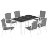 Conjunto de Mesa y Sillas Jardín con Mesa de Vidrio Templado 6 Sillas Apilables Transpirables para Terraza Gris - Ogal.Es