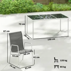 Conjunto de Mesa y Sillas Jardín con Mesa de Vidrio Templado 6 Sillas Apilables Transpirables para Terraza Gris - Ogal.Es