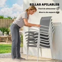 Conjunto de Mesa y Sillas Jardín con Mesa de Vidrio Templado 6 Sillas Apilables Transpirables para Terraza Gris - Ogal.Es