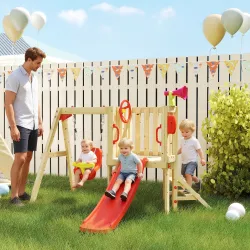 Parque Infantil Exterior de Madera con Columpio Tobogán Volante Bocina Teléfono para Patio Césped Rojo y Natural - Ogal.Es