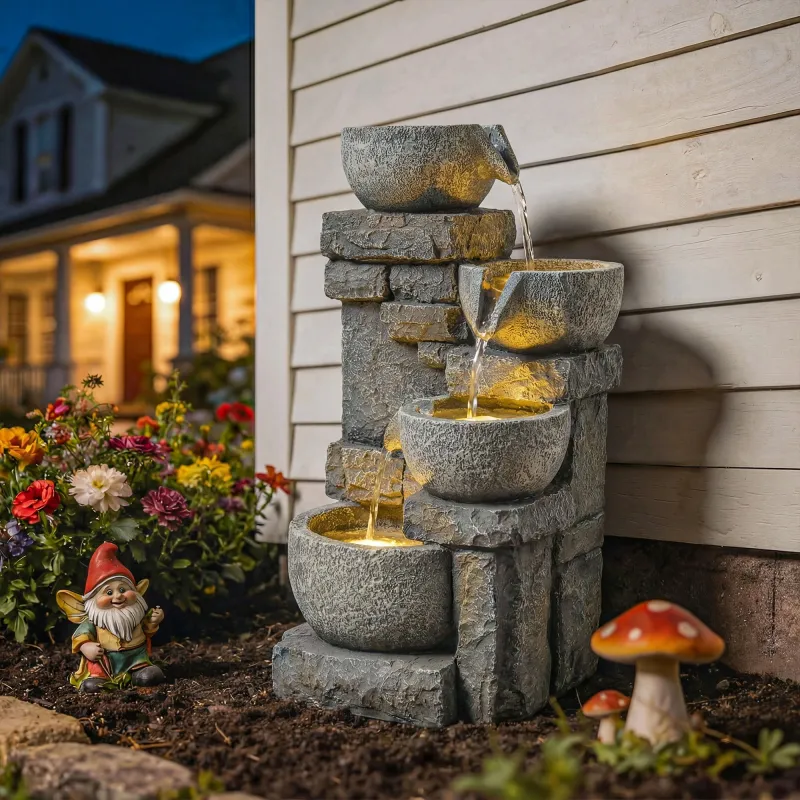 Fuente de Jardín con Iluminación LED Bomba Fuente Decorativa en Cascada de 4 Niveles Flujo Ajustable Gris - Ogal.Es
