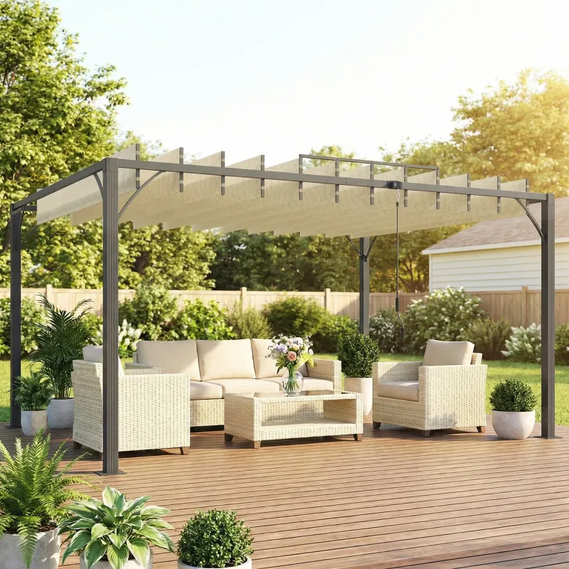 Pérgola de Jardín 3x4 m con Protección UPF30+ Gazebo con Techo Ajustable Estructura de Aluminio para Exterior Crema - Ogal.Es