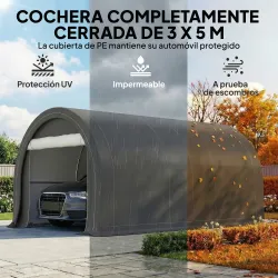 Garaje Exterior para Coche 3x5 m Impermeable con Tejido PE Resistente Marco de Acero Galvanizado UPF30+ Gris - Ogal.Es