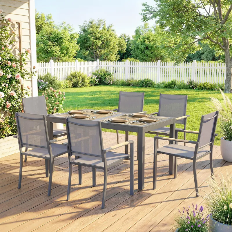 Conjunto de Mesa y Sillas Jardín con Mesa de Plástico PSPC y 6 Sillas Apilables Transpirables para Terraza Patio... - Ogal.Es