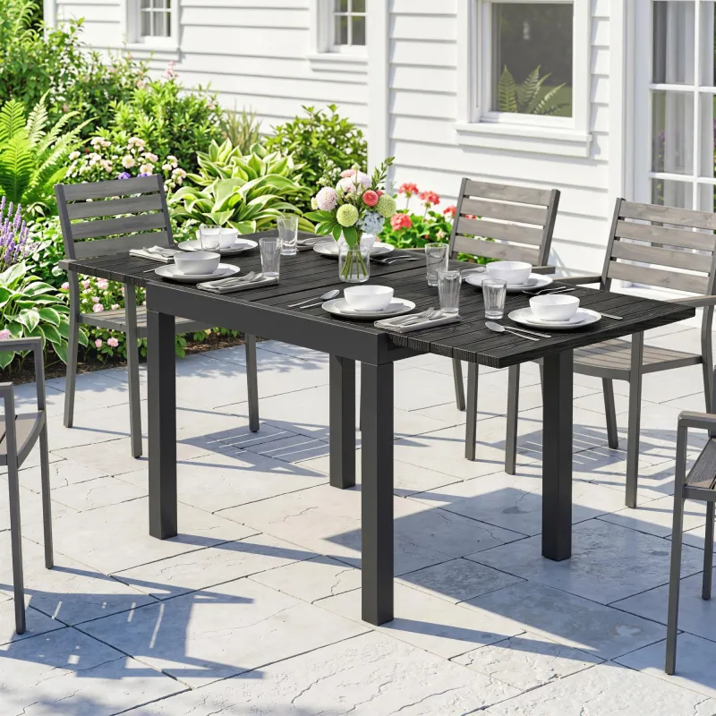 Mesa de Comedor Exterior Extensible 80/160 cm para 4-6 Personas de Aluminio con Tapa de Listones Efecto Madera N... - Ogal.Es
