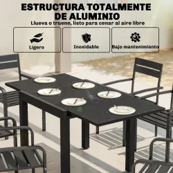 Mesa de Comedor Exterior Extensible 80/160 cm para 4-6 Personas de Aluminio con Tapa de Listones Efecto Madera N... - Ogal.Es