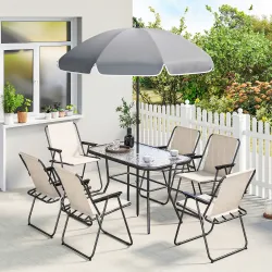 Conjunto de Mesa y Sillas Jardín de 8 Piezas con Sombrilla 6 Sillas Plegables Mesa de Vidrio Templado Crema - Ogal.Es