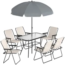 Conjunto de Mesa y Sillas Jardín de 8 Piezas con Sombrilla 6 Sillas Plegables Mesa de Vidrio Templado Crema - Ogal.Es