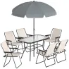 Conjunto de Mesa y Sillas Jardín de 8 Piezas con Sombrilla 6 Sillas Plegables Mesa de Vidrio Templado Crema - Ogal.Es