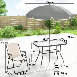 Conjunto de Mesa y Sillas Jardín de 8 Piezas con Sombrilla 6 Sillas Plegables Mesa de Vidrio Templado Crema - Ogal.Es
