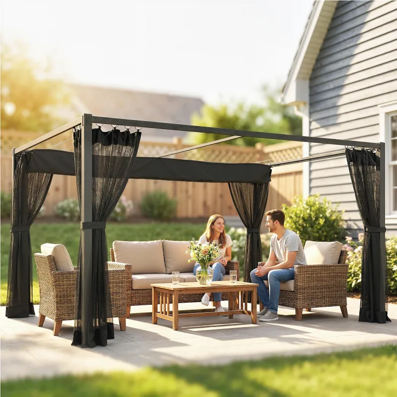 Pérgola de Jardín 3x4 m con Techo Retráctil 4 Laterales de Malla UPF30+ Cenador de Jardín para Patio Exterior Gris - Ogal.Es