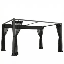 Pérgola de Jardín 3x4 m con Techo Retráctil 4 Laterales de Malla UPF30+ Cenador de Jardín para Patio Exterior Gris - Ogal.Es