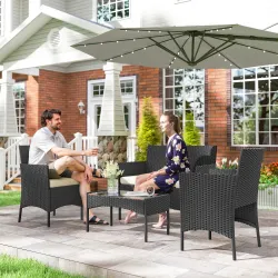 Conjunto Muebles Jardín de Ratán Sintético con Sofá Sillones y Mesa de Vidrio Templado y Cojines Negro y Crema - Ogal.Es