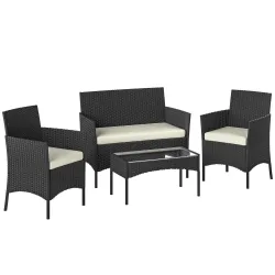 Conjunto Muebles Jardín de Ratán Sintético con Sofá Sillones y Mesa de Vidrio Templado y Cojines Negro y Crema - Ogal.Es