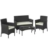 Conjunto Muebles Jardín de Ratán Sintético con Sofá Sillones y Mesa de Vidrio Templado y Cojines Negro y Crema - Ogal.Es