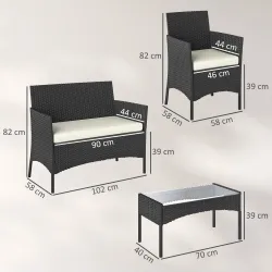 Conjunto Muebles Jardín de Ratán Sintético con Sofá Sillones y Mesa de Vidrio Templado y Cojines Negro y Crema - Ogal.Es