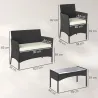 Conjunto Muebles Jardín de Ratán Sintético con Sofá Sillones y Mesa de Vidrio Templado y Cojines Negro y Crema - Ogal.Es