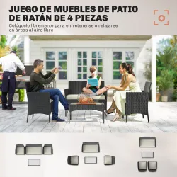 Conjunto Muebles Jardín de Ratán Sintético con Sofá Sillones y Mesa de Vidrio Templado y Cojines Negro y Crema - Ogal.Es