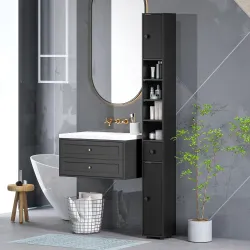 Armario de Baño Alto Columna de Baño Estrecha con 1 Cajón 4 Estantes Abiertos y Estantes Ajustables 20x20x180 cm... - Ogal.Es