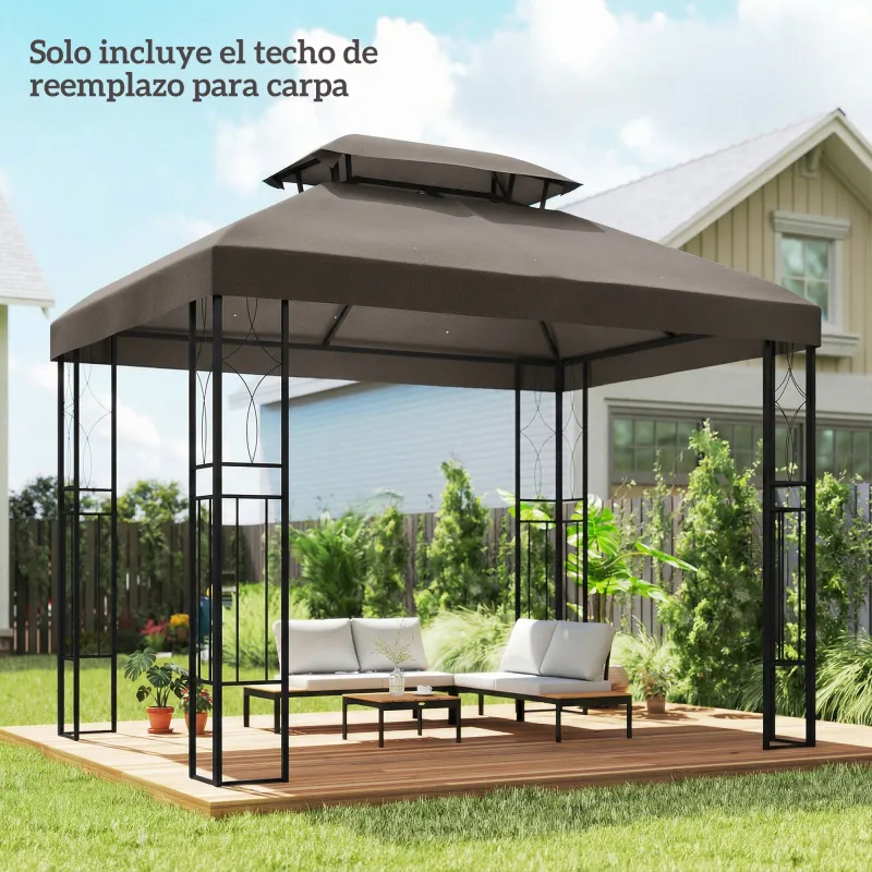 Toldo de Recambio 4x3 m con Techo Doble Orificios de Drenaje y Protección UV Solo Toldo NO Incluye Marco Marrón - Ogal.Es