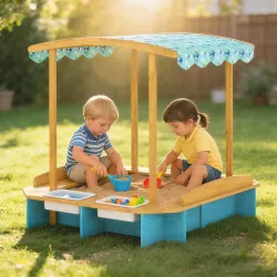 Arenero para Niños de Madera con Techo 3 Bancos 2 Cajas de PP Forro para Niños de 3-6 Años 128x118x121 cm Azul - Ogal.Es