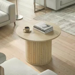 Mesa de Centro Redonda con Base de Columna con Listones para Sala de Estar Dormitorio Ø60x40 cm Natural - Ogal.Es