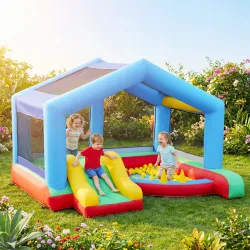 Castillo Hinchable para Niños con Soplador Tobogán Cama Elástica Piscina de Pelotas Juego de Aros Toldo - Ogal.Es