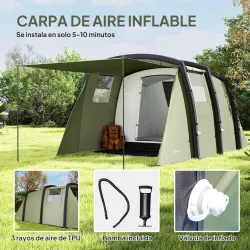 Tienda de Campaña Inflable Tipo Túnel para 3-6 Personas con Vestíbulo Ventanas de Malla y Bolsa Impermeable Verd... - Ogal.Es