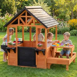 Casita Infantil Exterior e Interior de Madera con Barra de Snack y Bancos Mesa Lateral Fregadero Maceteros Marró... - Ogal.Es
