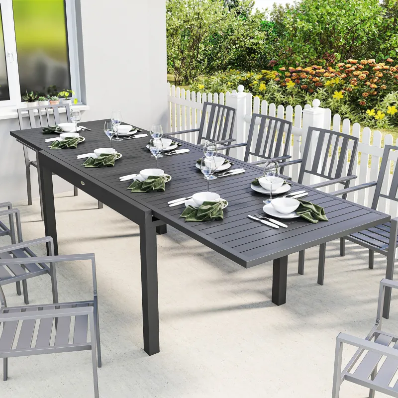 Mesa de Comedor Exterior Extensible 135/270 cm para 6-10 Personas de Aluminio con Tapa de Listones Gris Oscuro - Ogal.Es