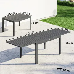 Mesa de Comedor Exterior Extensible 135/270 cm para 6-10 Personas de Aluminio con Tapa de Listones Gris Oscuro - Ogal.Es