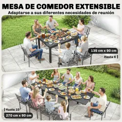 Mesa de Comedor Exterior Extensible 135/270 cm para 6-10 Personas de Aluminio con Tapa de Listones Gris Oscuro - Ogal.Es