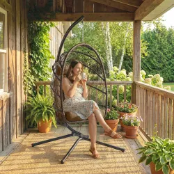 Silla Colgante Huevo con Soporte Cesta Plegable Cojín Reposacabezas Funda Protectora y Cuerda Carga 120 kg Marrón - Ogal.Es