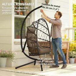 Silla Colgante Huevo con Soporte Cesta Plegable Cojín Reposacabezas Funda Protectora y Cuerda Carga 120 kg Marrón - Ogal.Es