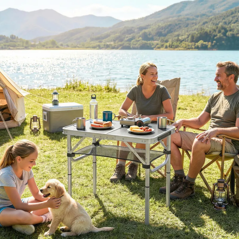 Mesa Plegable Camping 60x40x60 cm con Altura Ajustable en 4 Niveles Red de Almacenamiento Marco de Aluminio Negro - Ogal.Es