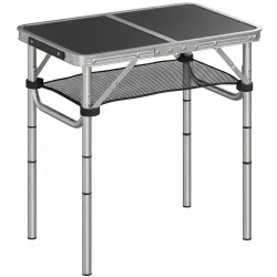 Mesa Plegable Camping 60x40x60 cm con Altura Ajustable en 4 Niveles Red de Almacenamiento Marco de Aluminio Negro - Ogal.Es