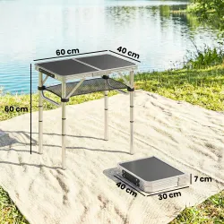 Mesa Plegable Camping 60x40x60 cm con Altura Ajustable en 4 Niveles Red de Almacenamiento Marco de Aluminio Negro - Ogal.Es