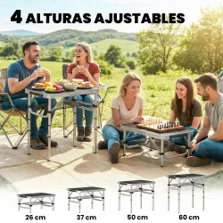 Mesa Plegable Camping 60x40x60 cm con Altura Ajustable en 4 Niveles Red de Almacenamiento Marco de Aluminio Negro - Ogal.Es