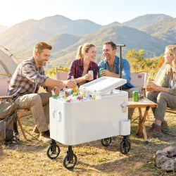 Carrito Nevera de 56L con Ruedas Mango Ajustable Abrebotellas Recogetapas Drenaje y Asa 75x35x120 cm Blanco - Ogal.Es