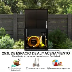 Baúl de Almacenaje Exterior de Ratán de 253L con Varilla Hidráulica Forro con Cremallera y Marco de Acero Negro - Ogal.Es