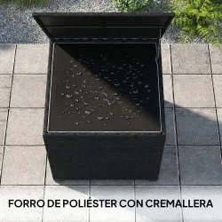 Baúl de Almacenaje Exterior de Ratán de 253L con Varilla Hidráulica Forro con Cremallera y Marco de Acero Negro - Ogal.Es