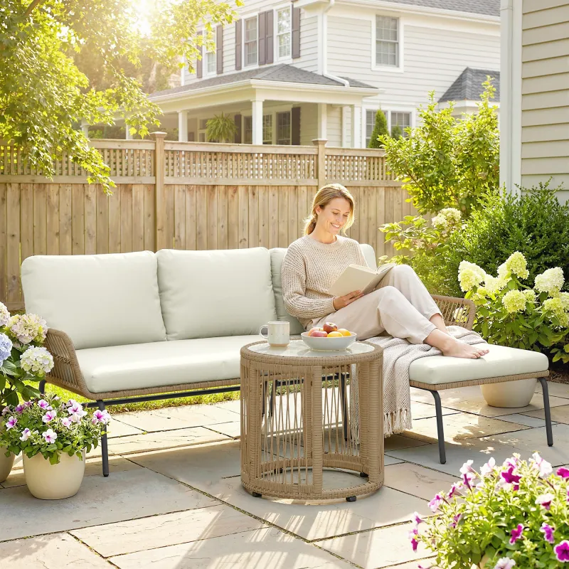 Conjunto de Muebles de Jardín Exterior de Ratán con Sofá de 2 Plazas Chaise Longue Cojines y Mesa Auxiliar Crema - Ogal.Es