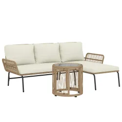 Conjunto de Muebles de Jardín Exterior de Ratán con Sofá de 2 Plazas Chaise Longue Cojines y Mesa Auxiliar Crema - Ogal.Es