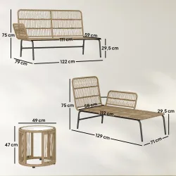Conjunto de Muebles de Jardín Exterior de Ratán con Sofá de 2 Plazas Chaise Longue Cojines y Mesa Auxiliar Crema - Ogal.Es