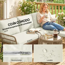 Conjunto de Muebles de Jardín Exterior de Ratán con Sofá de 2 Plazas Chaise Longue Cojines y Mesa Auxiliar Crema - Ogal.Es