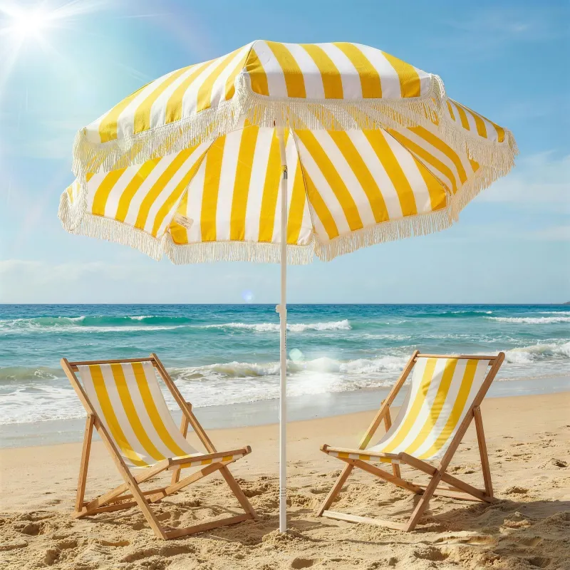 Sombrilla de Playa con Flecos Ø180 cm Sombrilla de Terraza Exterior Altura Ajustable Inclinación 30° Amarillo y ... - Ogal.Es