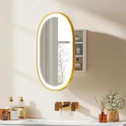 Armario de Baño con Espejo y Luces LED de 3 Colores Armario de Pared Ovalado con Función Memoria y Antivaho Dorado - Ogal.Es